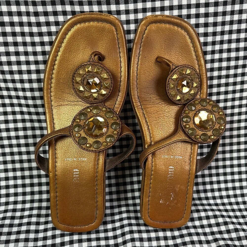 Miu Miu Vintage Y2k Bronze Gold Embellished Flip Flop Sandals Eu 36 / Us 6